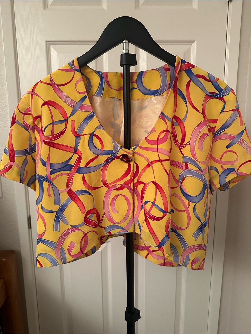 Escada Yellow Multicolor Ribbon Print Short Sleeve Top